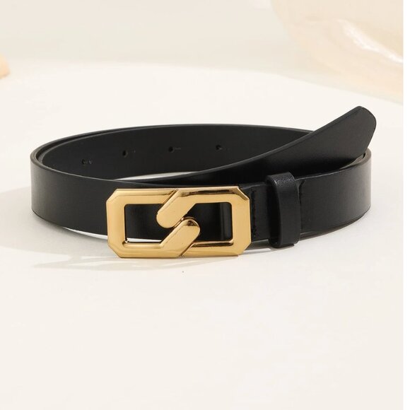 Vegan Leather Lightning Gold Buckle Belt Black - Picture 1 of 4